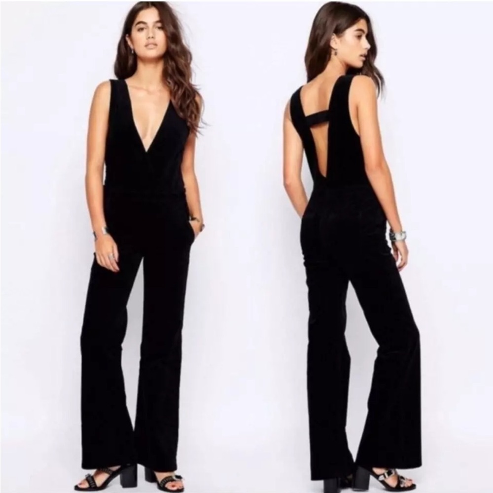 Free People Black velvet wide leg jumpsuit Size: 4